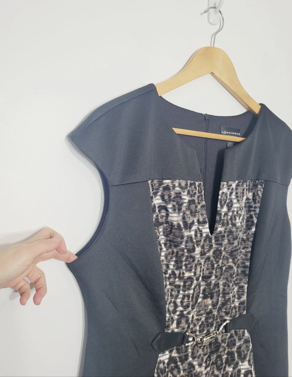 Connected Apparel Black Cap Sleeve Animal Print Front Belt Detail Business Sz 14 - Picture 3 of 12